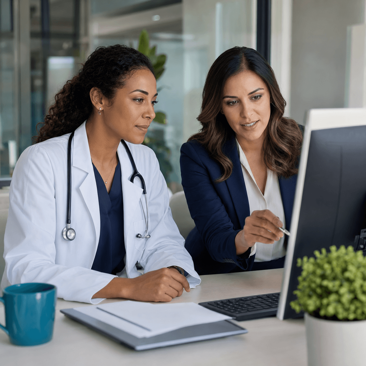 Physician and medical billing specialist reviewing practice revenue